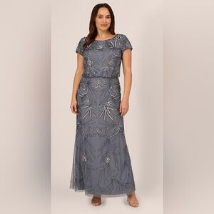 Adrianna Papell PLUS SIZE LONG BEADED BLOUSON DRESS IN DUSTY BLUE